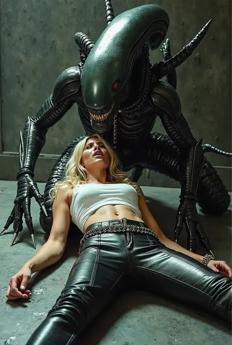 photo of a blonde sporty female soldier being humiliated by a Xenomorph. threre is spit all over her body. The soldier is wearing very shiny biker leather pants with silver zipper between legs. big belt with lacing and rivets. She is also wearing a white s...