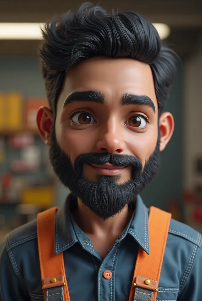 Create full body doll in 3D male Indian breed visual straight black and short hair, Face with a thin black beard, small eyes black skin tone , Electrician engineer profession, Background of the image is a workshop environment with machines and tools