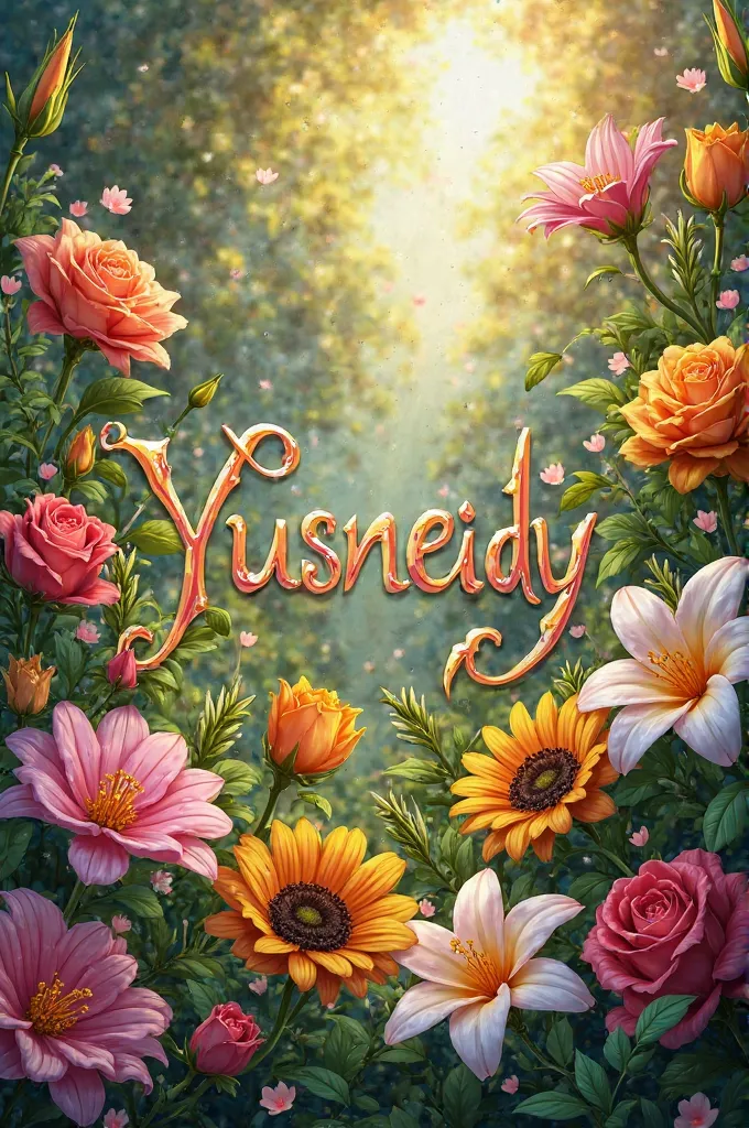 Create a vibrant and colorful image of a garden full of beautiful flowers, like roses, lilies and sunflowers. in the center of the image, incorporates the name "Yusneidy" in an elegant and artistic typeface, surrounded by petals and green leaves. Sunlight ...