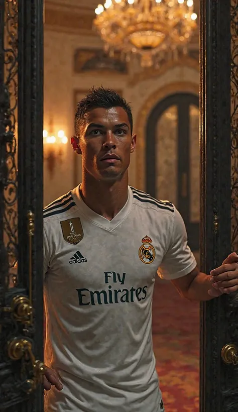 Cristiano Ronaldo, wearing Real Madrid shirt No. 7, opens the door of his luxurious home and wants to enter the house. He seems surprised