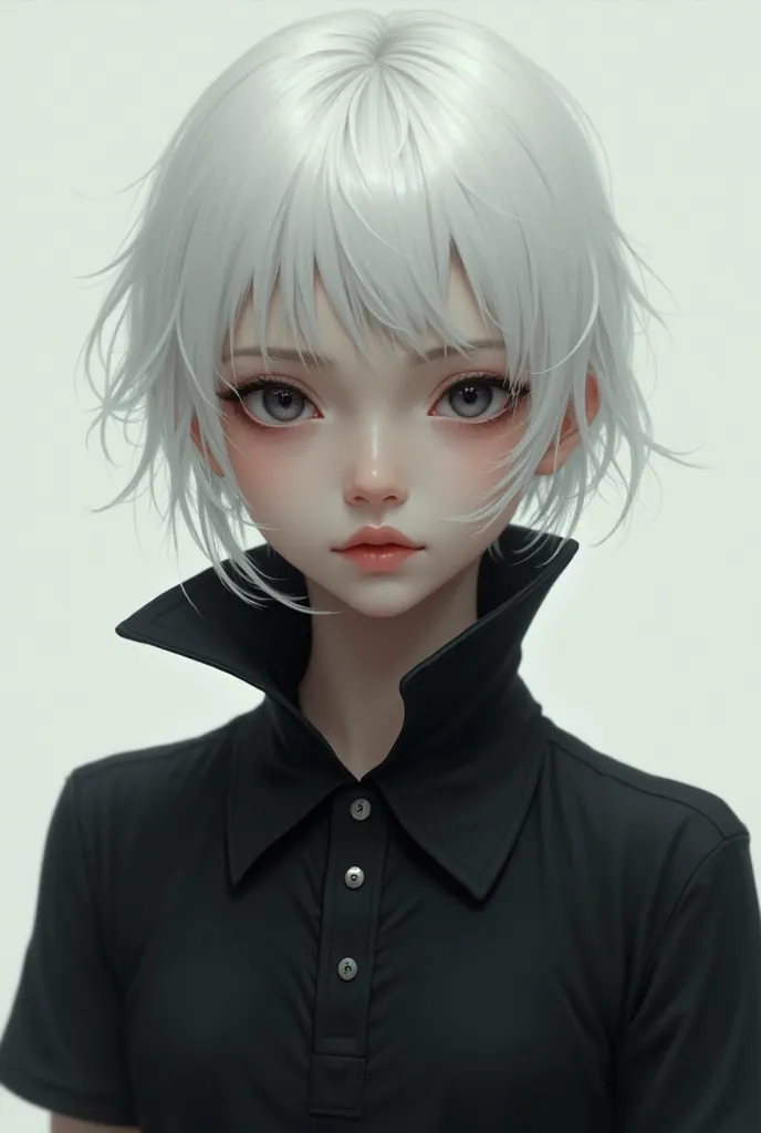 Take a picture drawing of a girl with black eyes with short white hair and a black polo shirt with a long neck