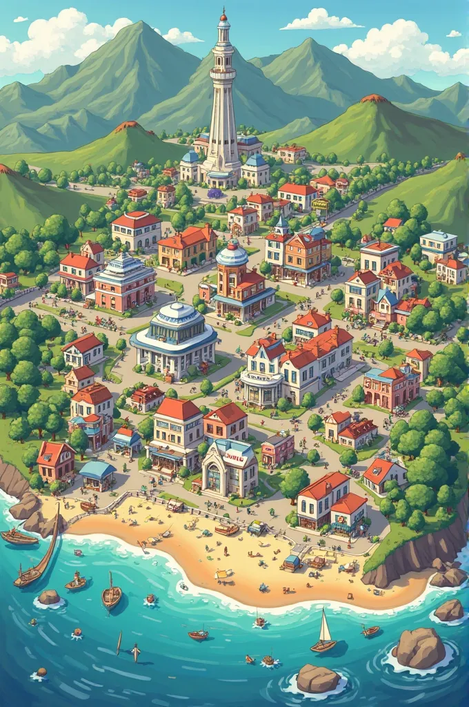 I would like a cartographic map of a small city called "Sunny Cliffs",In this map there are police stations,hospital and school with the same name of the city,the rest of the map may be random things,like stores,snack bars or residential areas