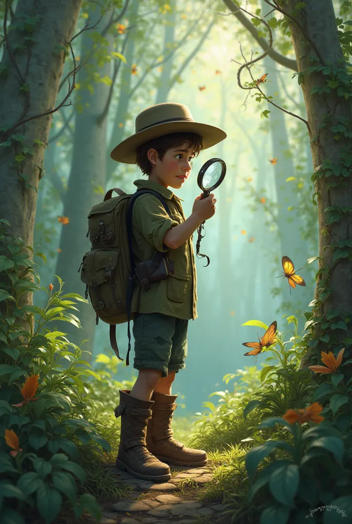 A butterfly hunter with his boots and a magnifying glass in his hand in the forest