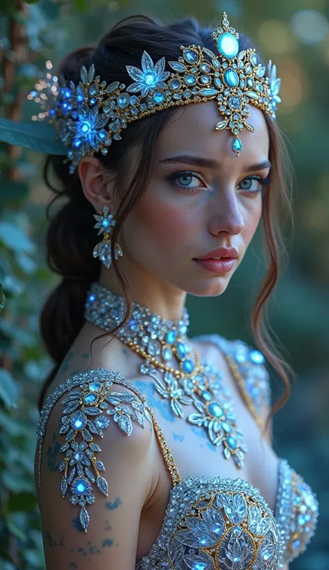  Fantastic jewelry ornaments all over the body crown ,  intricate details ,  super realistic, diamonds, rubies, sapphires, emeralds, neck, arms, head, very intricate, full body bra,  Goddess with special qualities that allow her to change color and shape a...