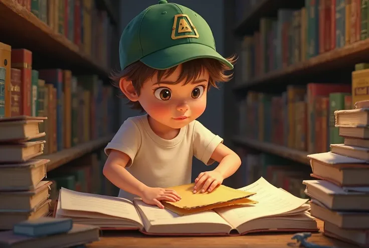 A  aged 6 in a white T-shirt and a green cap found an envelope between the pages of books