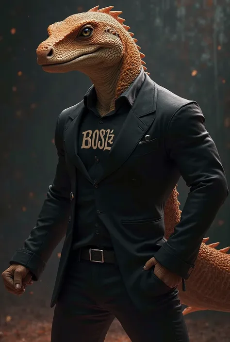 Animated Buffed Assassin brown Lizard with Black Suit and have Capital letters "BOSZ" in his Torso