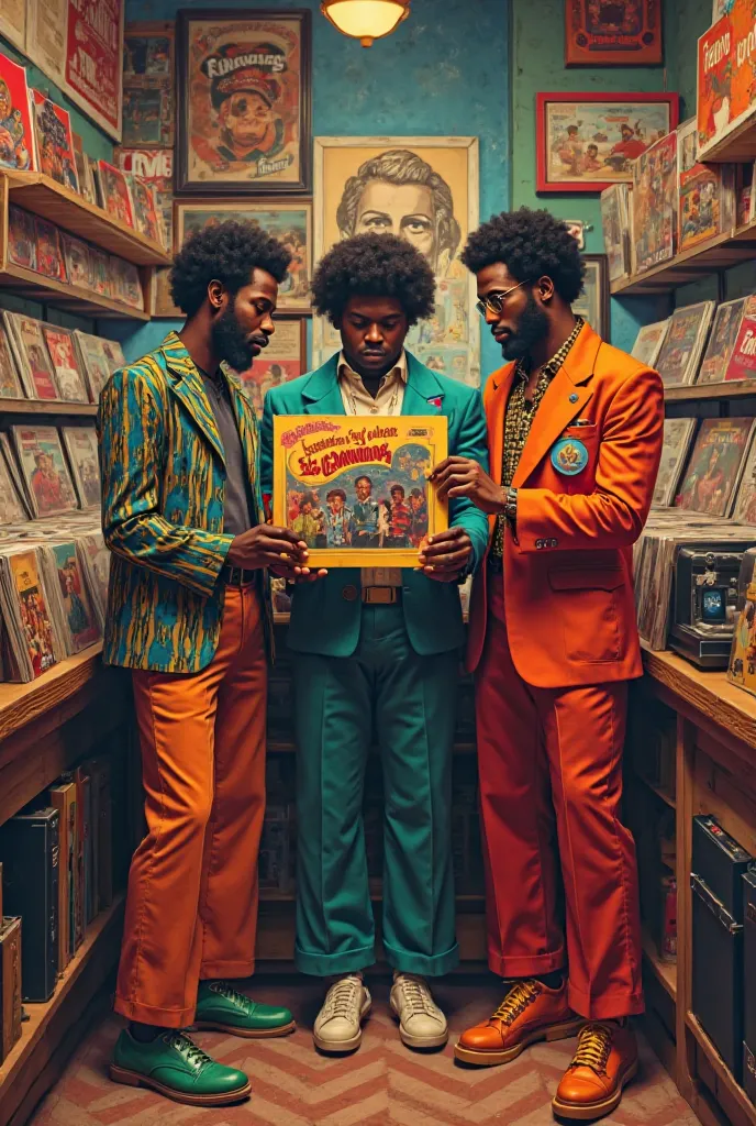 Un trio d'hommes Afro américains en costume funky des années 80 dans un magasin de disques avec dans les mains une pochette vinyle avec écrit dessus FUNKY FEVER et le titre outstanding 