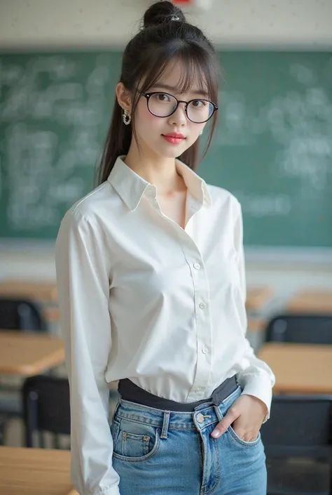 Photo of a Korean girl with glasses in a white shirt and blue jeans who ties her hair and she can see her belly and black tights around her waist in the classroom