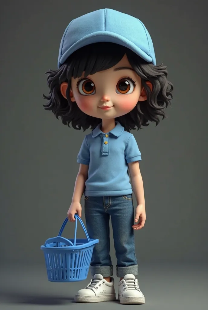 Cinematic scene of Create a white character with brown eyes with a cute adult appearance, Wavy black hair, with a blue cap, blue polo collar blouse and white sneakers, Jeans pants, Holding a blue grocery basket. chocolate, bolo de chocolate,  Dark backgrou...