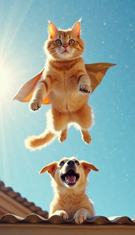 "A dynamic action shot of the golden cat leaping dramatically from the rooftop. Its paws are stretched mid-air, tail flowing behind like a superhero cape. The wind ruffles its golden fur, making it look like a fearless warrior. Below, a shocked dog looks u...