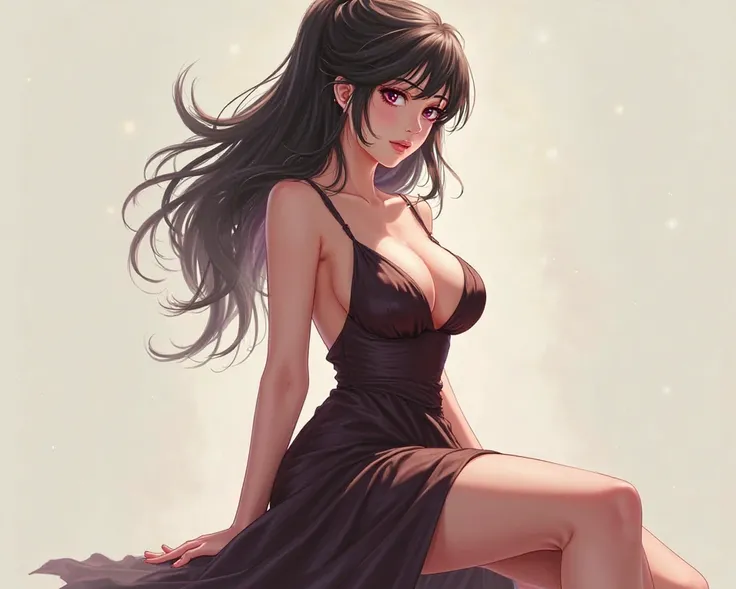 Anime girl showing her back sideways in a long low-cut dress and prominent bust, big breasts, huge boobs with firearms 