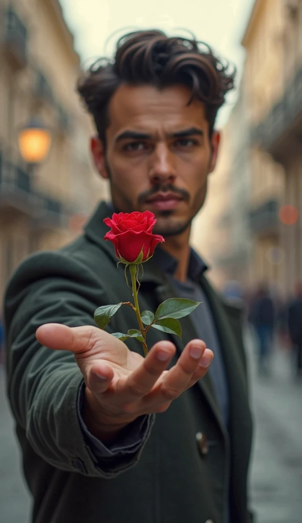 Adrián is holding a rose in his hand and in the back there is a blurry street.