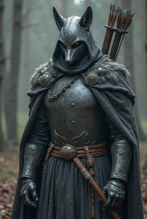 You can create a gentleman with dark gray armor, muscular to imposing, who has a slightly worn gray cape, with a hood almost a thousand and the head of a gray fox on his back, he has a bow with arrows on his belt, a large ancient and powerful sword, his ar...