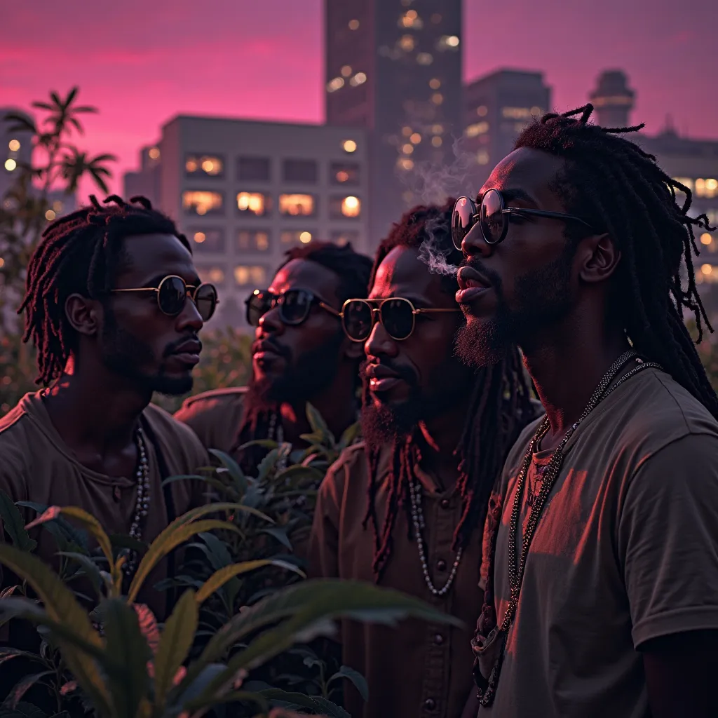 Create a group of black and white Rastafarian men wearing dark glasses, they are smoking a joint, are high and in the background a city at night with buildings and producers in the windows tending the plantation with lights on in a pink color.