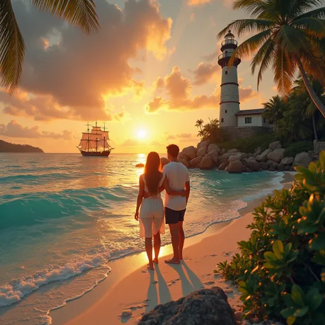 High quality lines,  8K Ultra HD, a beautiful couple admiring the sunset,  on a paradisiacal beach, An old lighthouse on the horizon. And a ship