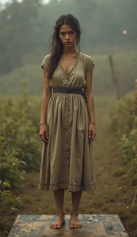 A young peasant woman from the 1700s on a scoreboard,  Skinny, Full length, barefoot, without shoes