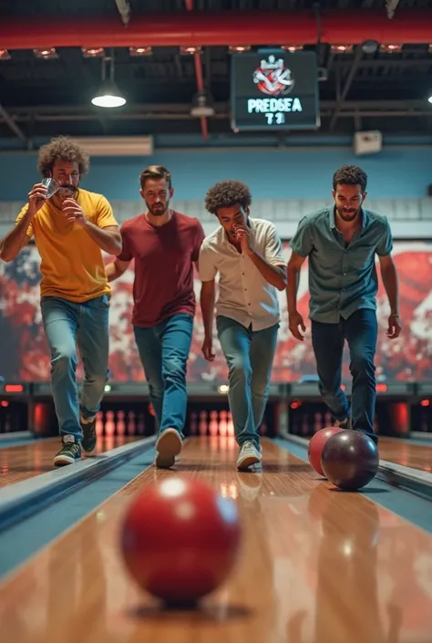 une photo de 4 personnesqui joue au bowling, dans un bowling style americain, avec des murs couleur gris, rouge, un ecran avec des scores, un homme bois un verre