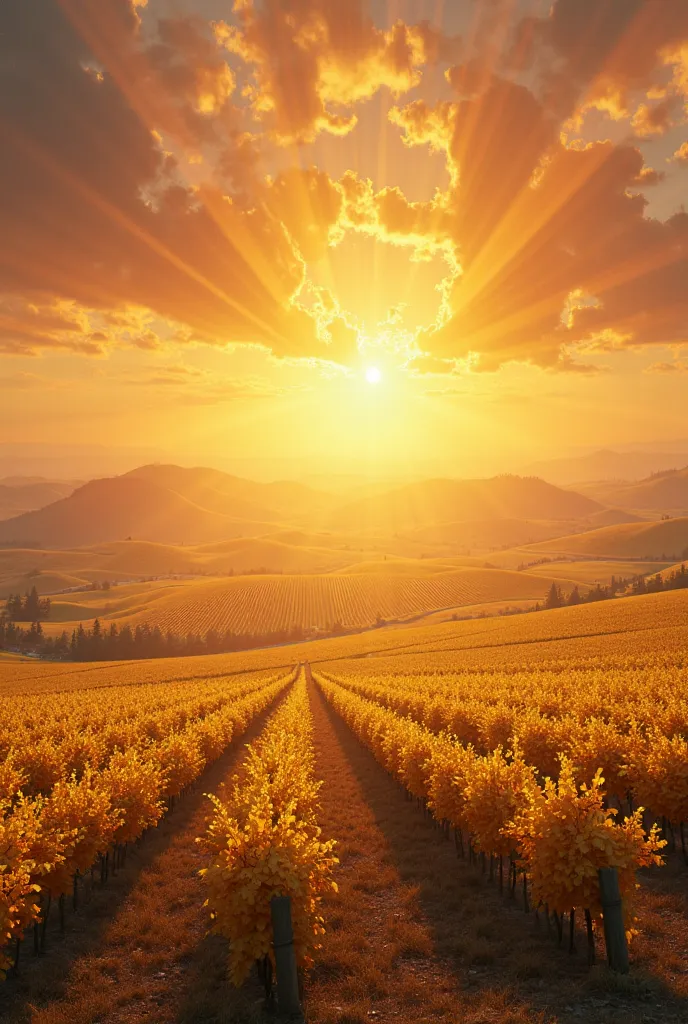 A field of golden vineyards under the sunset light, with rays of light descending from the sky