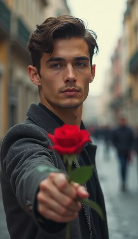 Adrián is holding a rose in his hand and in the back there is a blurry street.
