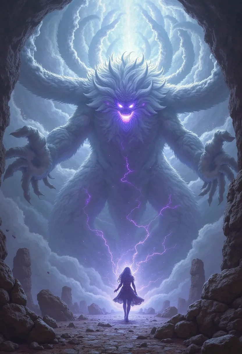 air elemental, body like a cloud, eight arms of clouds, air vortex, vortex, violet eyes, lightning, flying stones, violet core, full body image, in a cave, dnd, fantasy, aggressive, lightning in hand, wings of air 