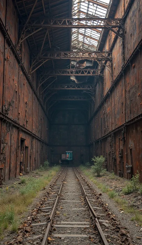 A hangar seen from afar. C’était une masse noire, difforme, Who stood in the middle of the wasteland like a giant animal carcass. The sheets that made it up were covered with rust, some torn, pendulous, ready to fall at the slightest gust of wind. Gaping o...