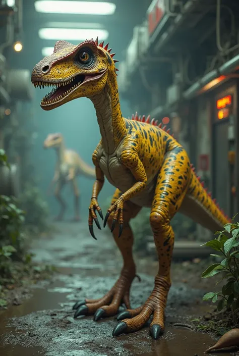 Create a velociraptor with long claws, long legs and a feathered tail its color that is yellow with black stripes and its tail feathers are red. The background that is an abandoned science fiction horror laboratory