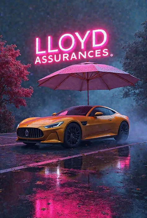  Une image élégante et moderne intitulé dans une voiture et maison couvert par un grand paraplui  «  LLOYD ASSURANCES ». Le design est de couleur jaune doré, comprend une mise en page élégante et moderne avec un texte audacieux de style 4D dans des dégradé...