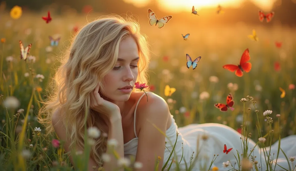 "a young blonde woman,  eyes with long wavy hair, lying softly on a green field. She is wearing a light and delicate white dress, holding a flower close to her face, smelling her perfume. The setting is a warm sunset, with gold and orange tones illuminatin...