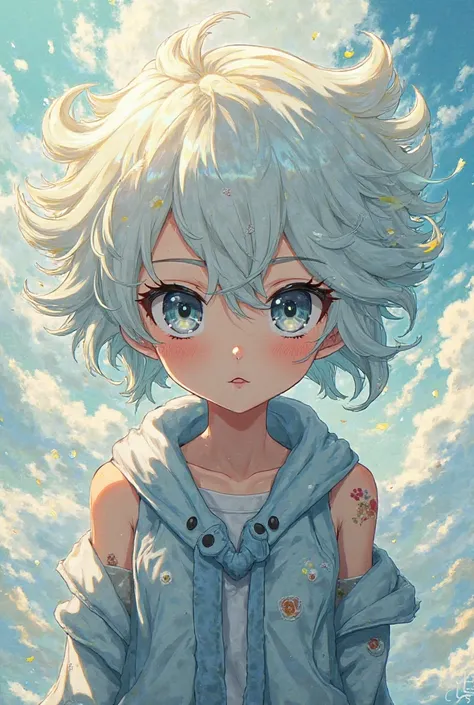  Screenshot of Boku no Hero Academia. Make a girl with gray eyes. Let her hair be a cloud, in white with touches of yellow and light blue. Do it in the style of Boku no Hero Academia.