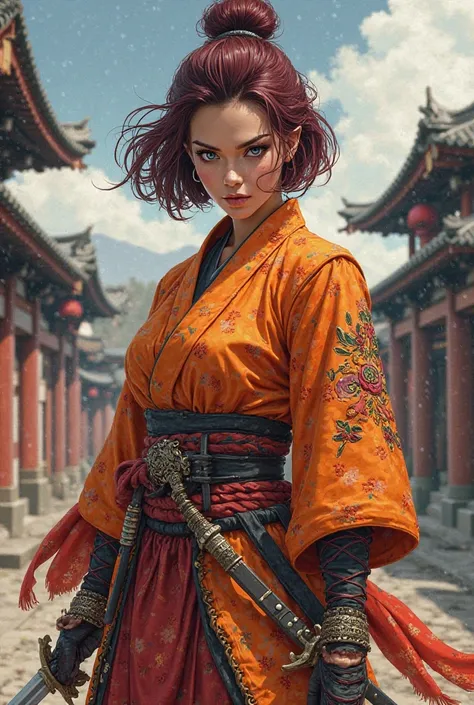  Anime Woman, tanned skin, short burgundy hair , gray eyes, wearing an orange battle costume,  detailed art, 2D, feudal japan