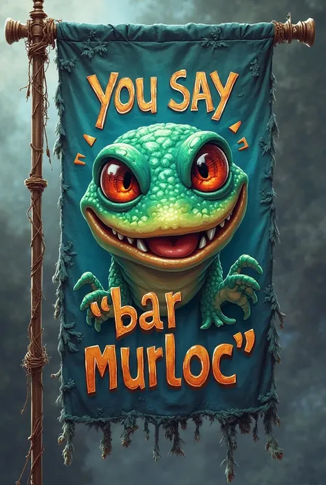  world of warcraft style, flag with the image of a Murloc and the phrase you say "Bar Murloc" 