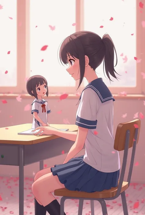 "An anime-style illustration of a shy schoolgirl with fair skin and a black ponytail with slight bangs, wearing a plain white school shirt and a blue skirt, sitting and talking with a smaller female friend. The friend has short black hair and is also weari...