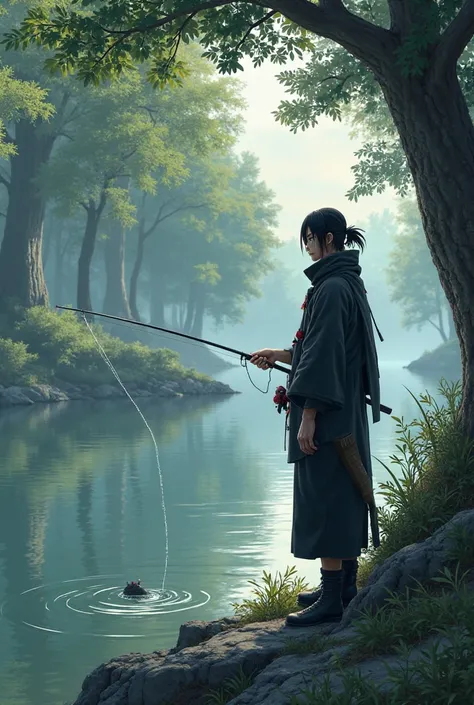 Itachi Uchiha in Anbu clothes fishing on the edge of a river