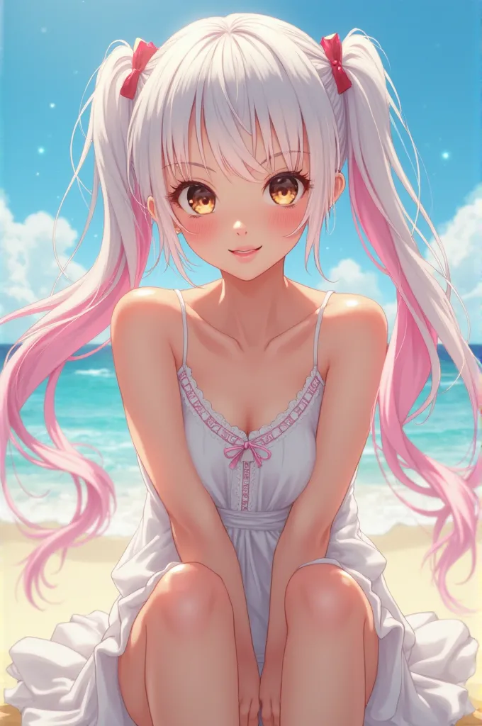 masterpiece, best quality, amazing quality, very aesthetic, high resolution, newest, hyper-detailed, 1girl, white hair, pink hair, two-tone hair, white dress, extremely detailed eyes, brown eyes, legs together, smile, low, absurdres, depth of field, cinema...