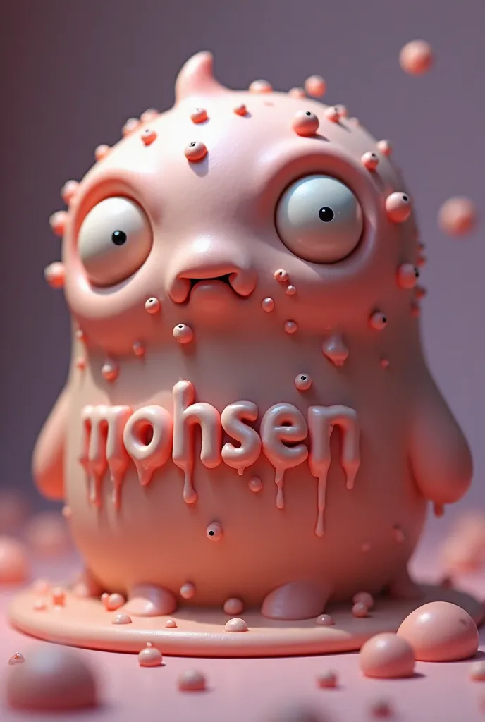 Viscous, fleshy creature, multiple large, round eyes, light pinkish-peach color.  Textural, gooey, almost dripping appearance.  Numerous smaller, similar eyes scattered across the form.  The creature's face is prominently displaying the word "MOHSEN" in la...