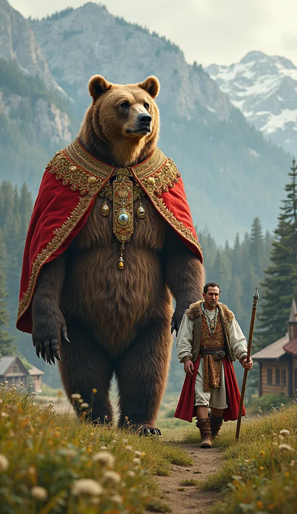 *"A gigantic brown bear, walking upright like a human, dressed in luxurious traditional Zakarpattia attire. It wears an ornate red and gold embroidered cloak with intricate Carpathian folk patterns, draping elegantly over its massive shoulders. A beautiful...