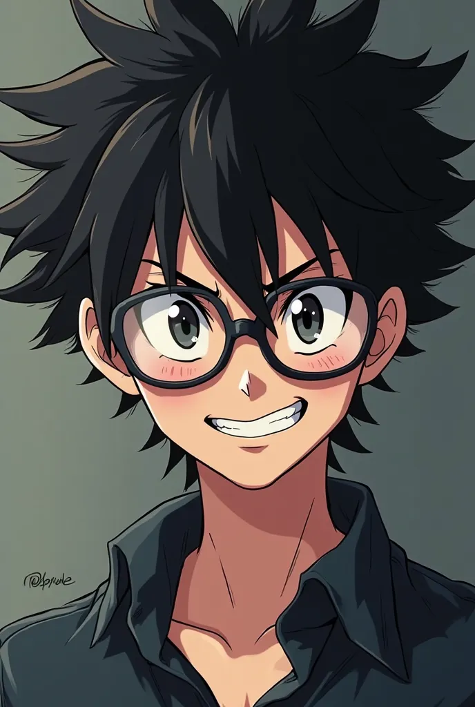 anime boy with black hair and glasses smiling at the camera, grinning lasciviously, [[[[grinning evily]]]], sly smile, sly expression, portrait of ((mischievous)), cel shaded!!!, cel shaded:15, giddy smirk, smirking deviously, large eyes and menacing smile