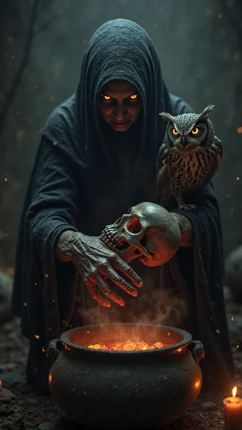 A scary witch is preparing a spell in a cauldron, she has a skull in her hand, an owl on her shoulder, realistic, cinematic, 8k