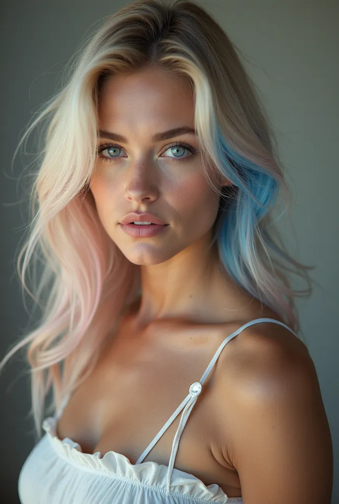 "A 27-year-old ,  long haired blonde , smooth and silky, with vibrant blue and pink highlights that flow smoothly. Your eyes are crystalline light blue,  bright and expressive . The face has well-defined and unique features,  with striking cheekbones , sli...