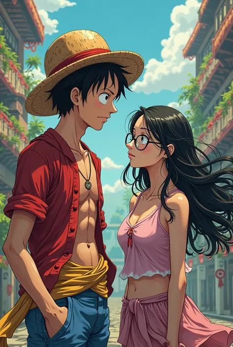 You can generate an image showing Luffy and a simple girl with lenses with long hair in the background that is some passage from one piece of the Wuano arc 