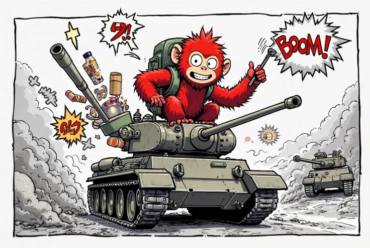 A pretty red monkey with a backpack, riding a tank, in the style of Japanese black and white manga is pouring in from an open backpack {x}, из открытого рюкзака (semolina), , there is a warlike atmosphere around, надписи Boom!, Splash! Like in the Japanese...