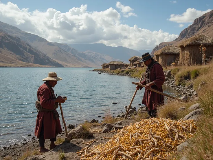 An ancient Inca village around the Titicaca Lake in Puno with a farmer and a fisherman in clothing from the Inca era working on the shores of a lake in the highland region with some strew houses and corn seeds