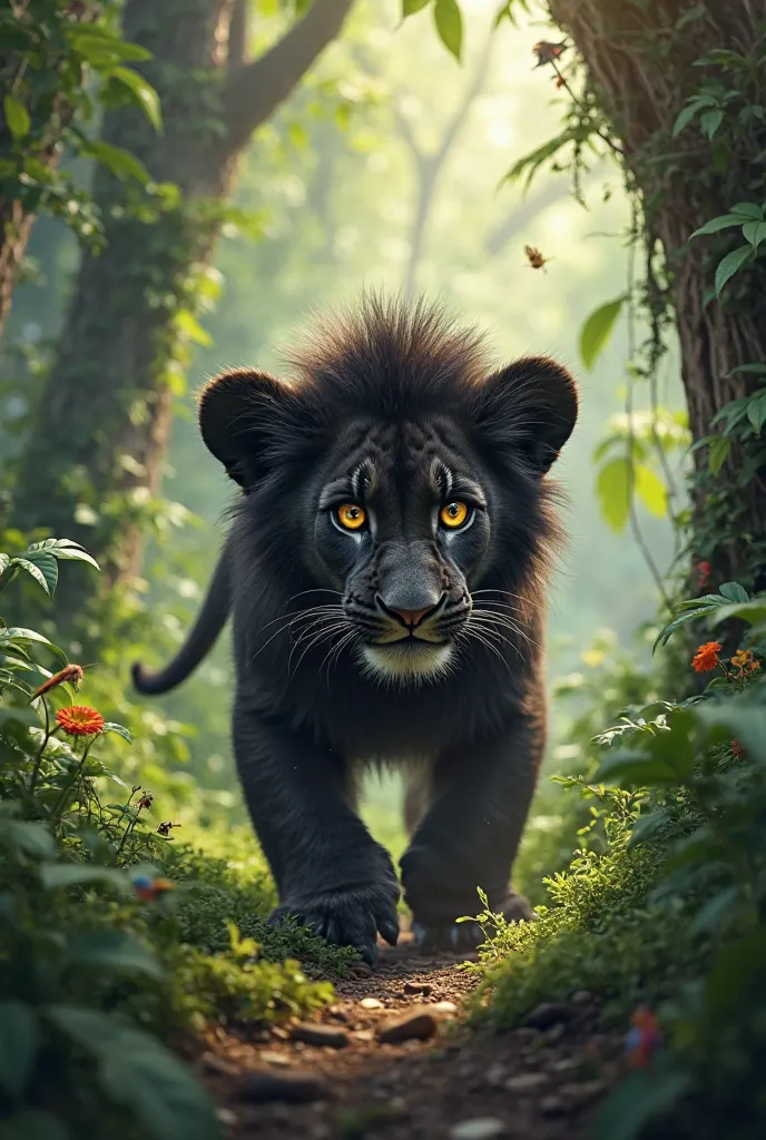 A young black lion walking through a dense jungle, curiosity in his eyes and tall trees around him."  