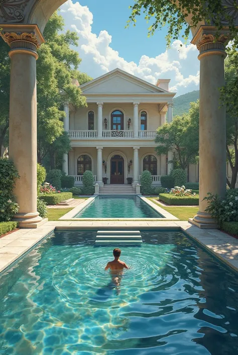 An landscape view with house details , roman pillars and man swimming in between the pool