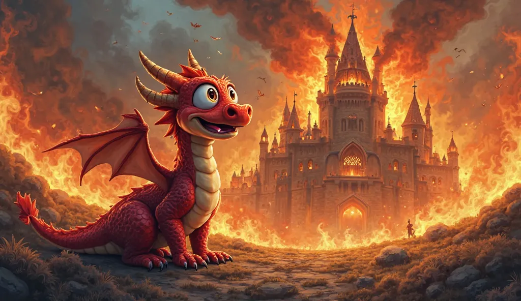 The castle is on fire, the Red cartoon dragon with big eyes looks on in horror. 