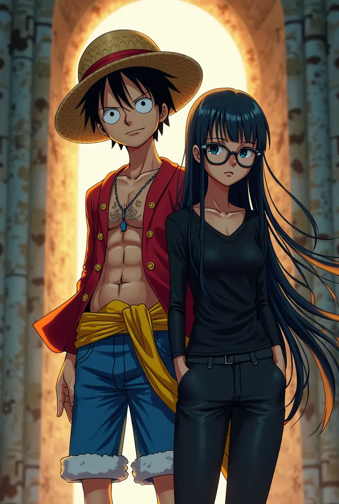 You can generate an image showing Luffy and a simple girl with lenses, with long hair and black clothes and lenses. , In the background that it is a passage from One Piece