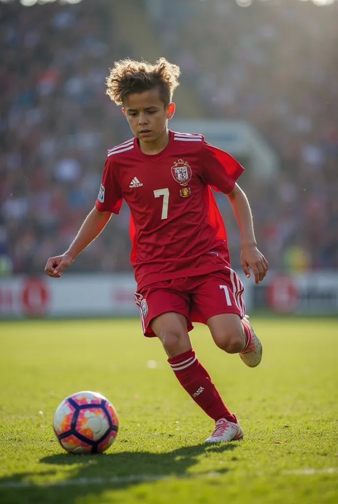 Boy with the red jersey and the 7th with Gramenzi written in a small stadium after a corner kick the ball bounces off his feet and from outside the box pulls right foot outside, inserting the ball under the left intersection