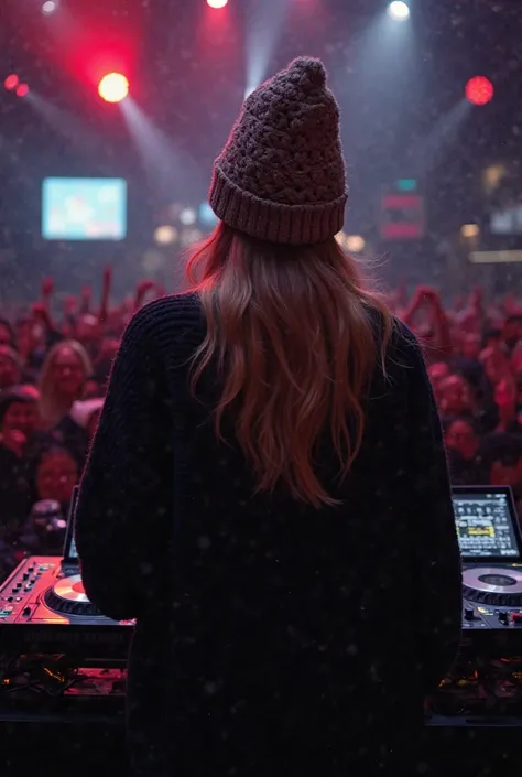 Create a realistic image of an electronic DJ Like the world class ones but a bit chubby with a wool hat since the photo is taken From the DJ's perspective, looking at her audience that in the photo only shows her back, I don't want the DJ, that does not sh...