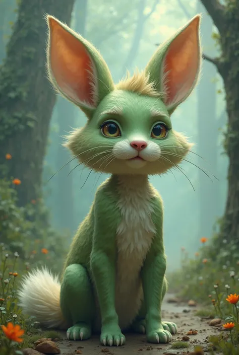 Green boy with a rabbit's ear, cat's mustache, wolf's tail