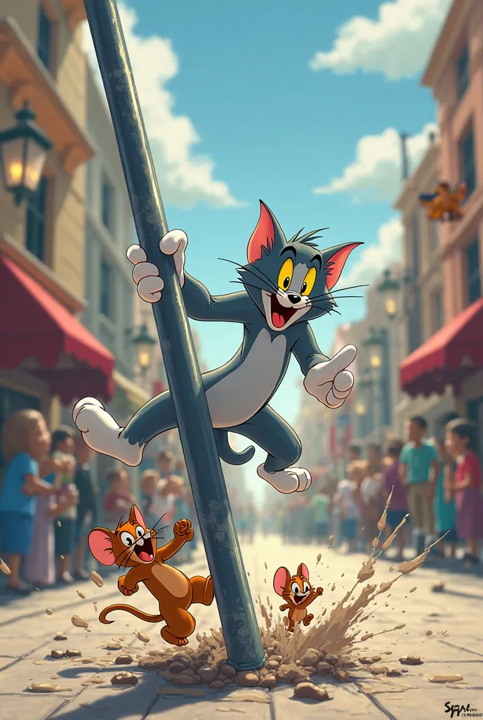 A cat image of Tom and Jerry crashing into a pole